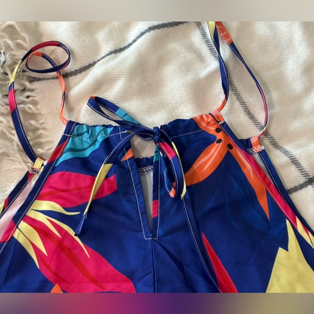SHEIN Navy Halter Mini Dress with Orange, Pink & Yellow Floral Print - Picture 9 of 12
